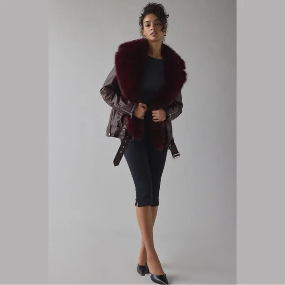 Azalea Wang Aurelia Faux Leather Moto Jacket XL Burgundy Faux Fur Collar NWT - Picture 16 of 16